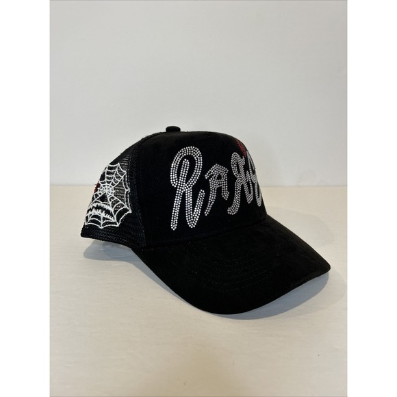 Versatile is Rare Rhinestone Black Spiderweb Heart Trucker Hat Cap One Size Used - Picture 2 of 7